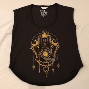 NEW CHASER Golden Eye Hamsa Distressed Tee S
